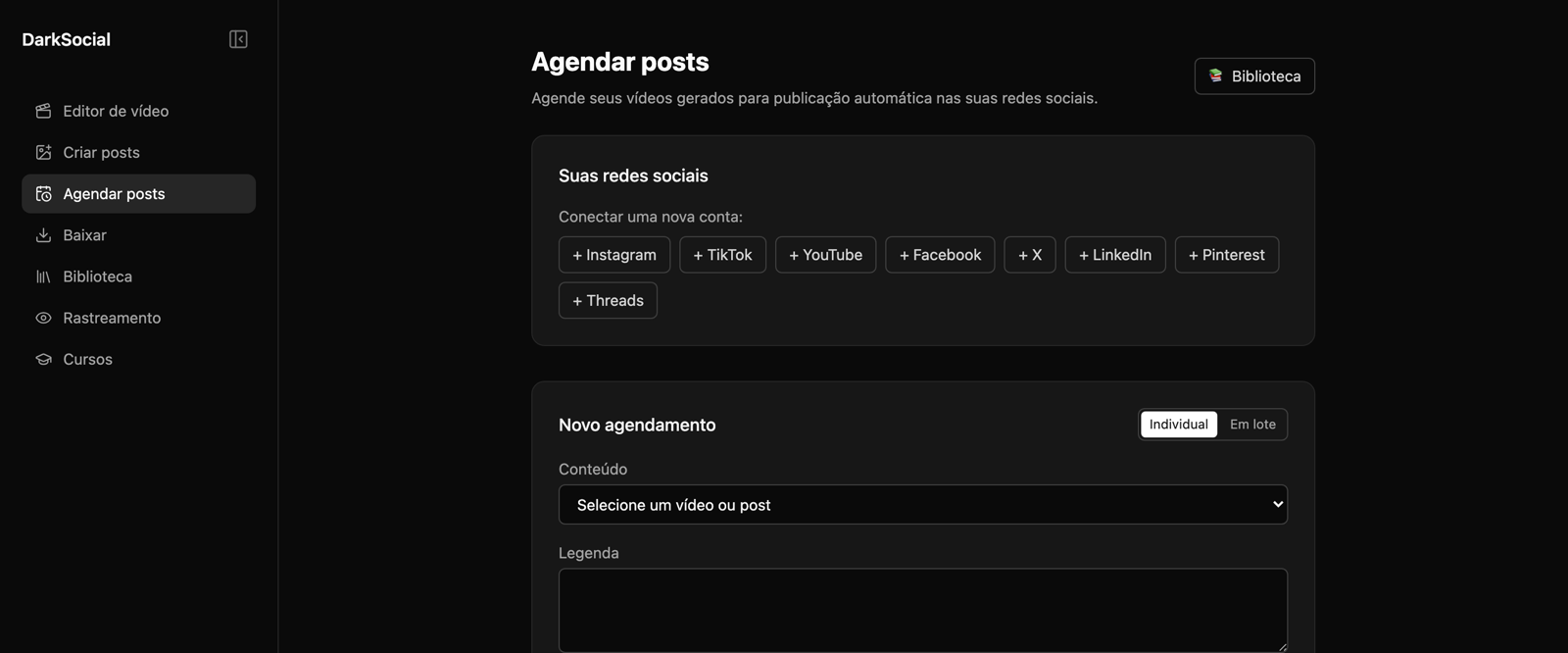 Tela de agendamento de posts do DarkSocial