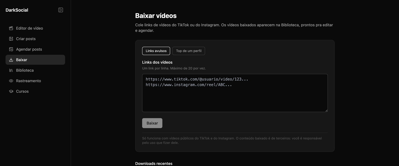 Tela de download por link ou por perfil, com escolha de quantidade e ordenação