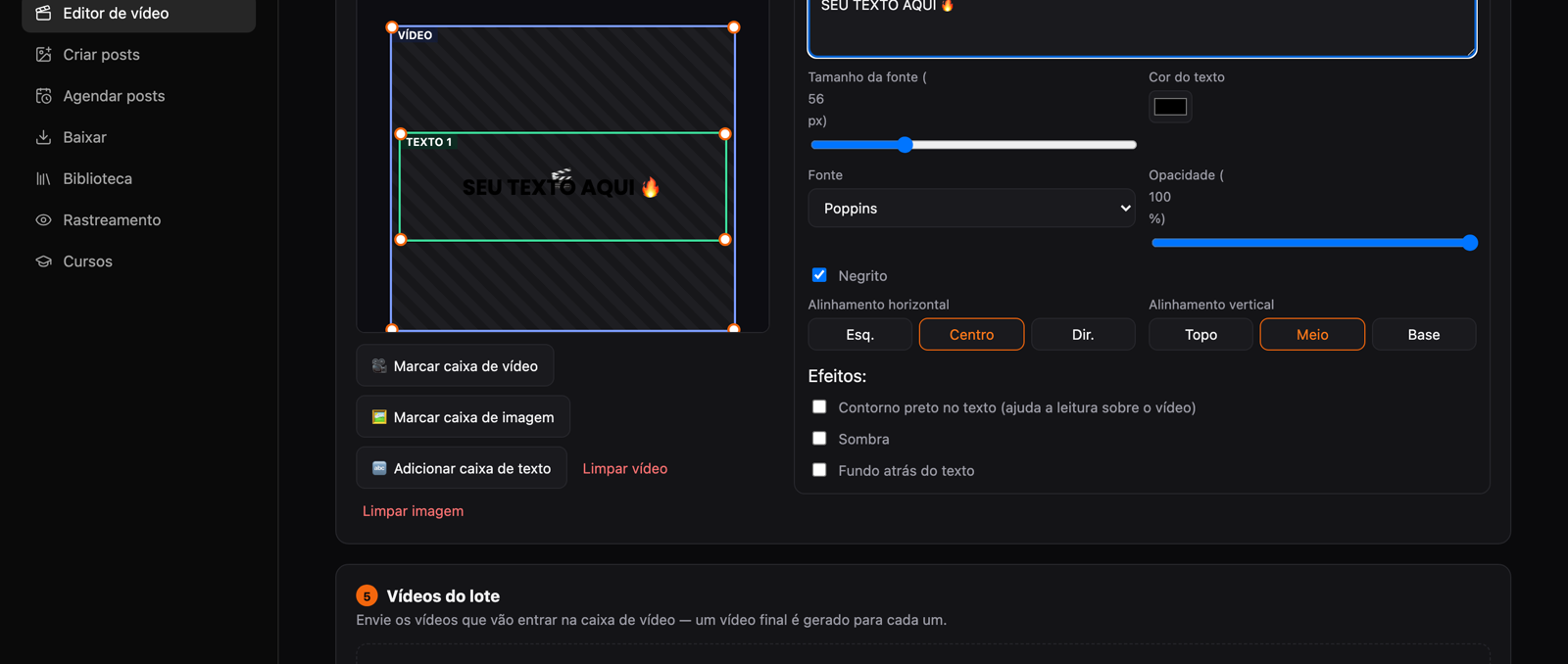 Editor de vídeo em massa do DarkSocial, com caixa de vídeo, caixa de texto e controles de estilo