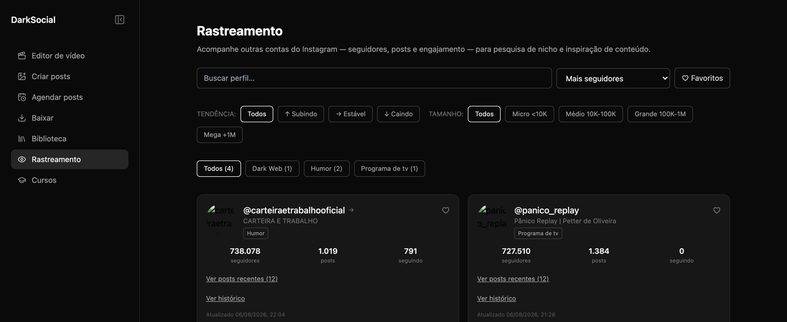 Rastreamento de contas do Instagram com seguidores e posts